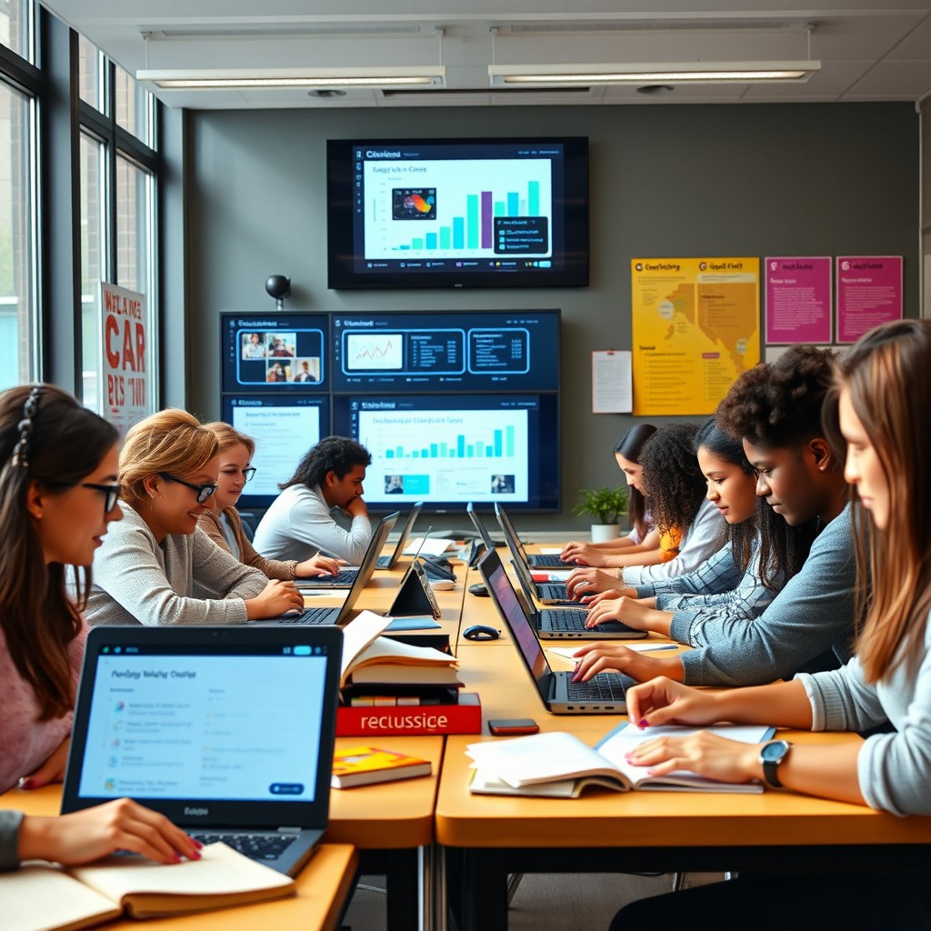 A vibrant and engaging background image for a Learning Management System (LMS) featuring a diverse group of students working on laptops in a modern classroom environment