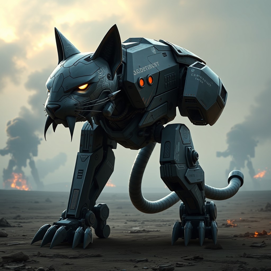 A futuristic Warhammer 40k-style Dreadnought designed to resemble a fierce, robotic cat