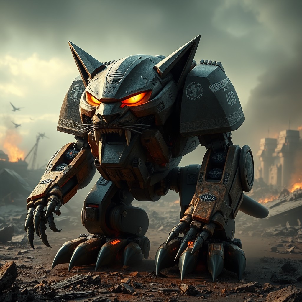 A formidable Warhammer 40k-inspired Dreadnought designed as a fierce cat
