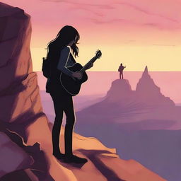 A from-side profile of a girl on a rocky cliff at sunset, visually engaged by a distant man who carries his guitar on his shoulder.