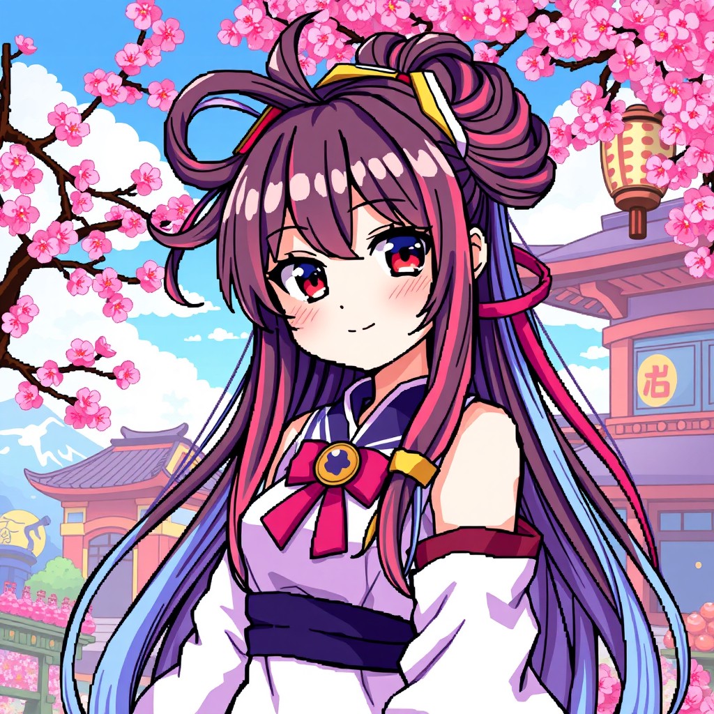 A detailed pixel art illustration featuring Ameku Takao, an anime-style character with vibrant colors and expressive facial features