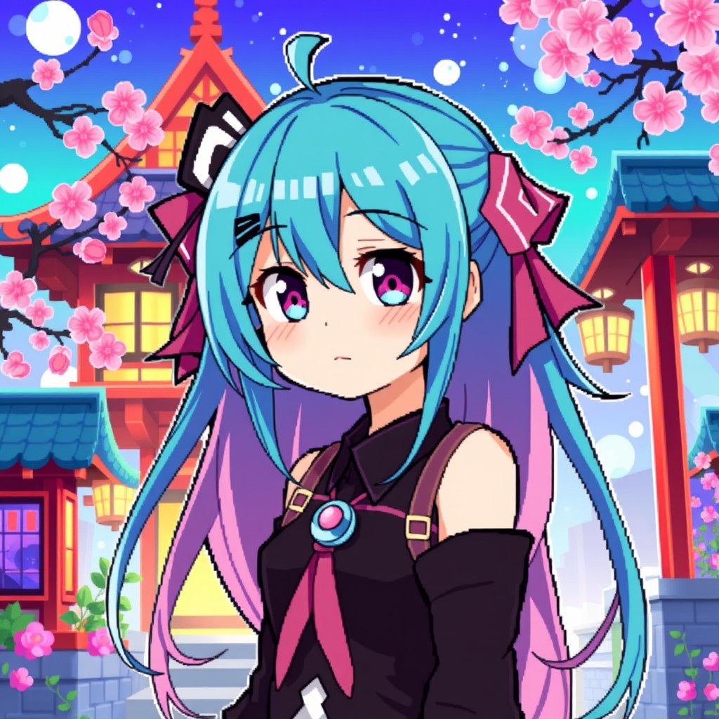 A vibrant pixel art illustration of Ameku Takao, a stylized anime character with expressive features