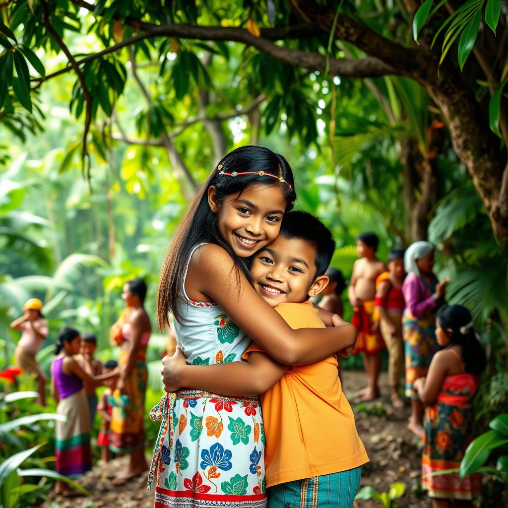 A vibrant scene set in the Amazon rainforest, featuring an enchanting backdrop filled with lush greenery and diverse indigenous people engaged in their daily activities