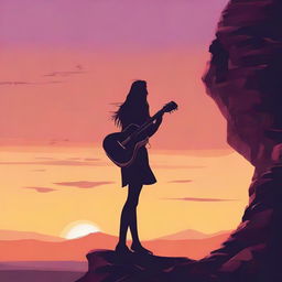 A from-side profile of a girl on a rocky cliff at sunset, visually engaged by a distant man who carries his guitar on his shoulder.