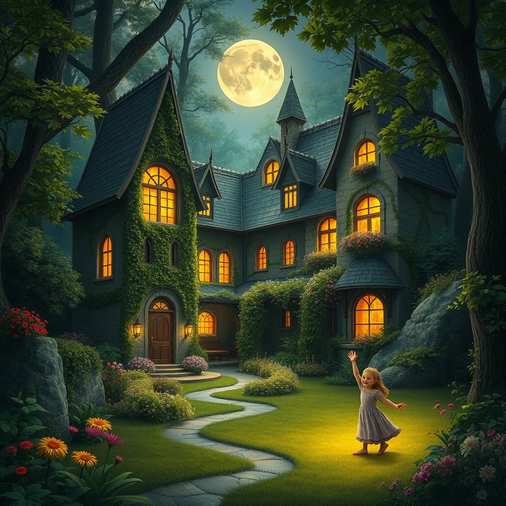 A mystical orphanage nestled in a lush forest, with ivy-covered stone walls and soft glowing lights illuminating the windows