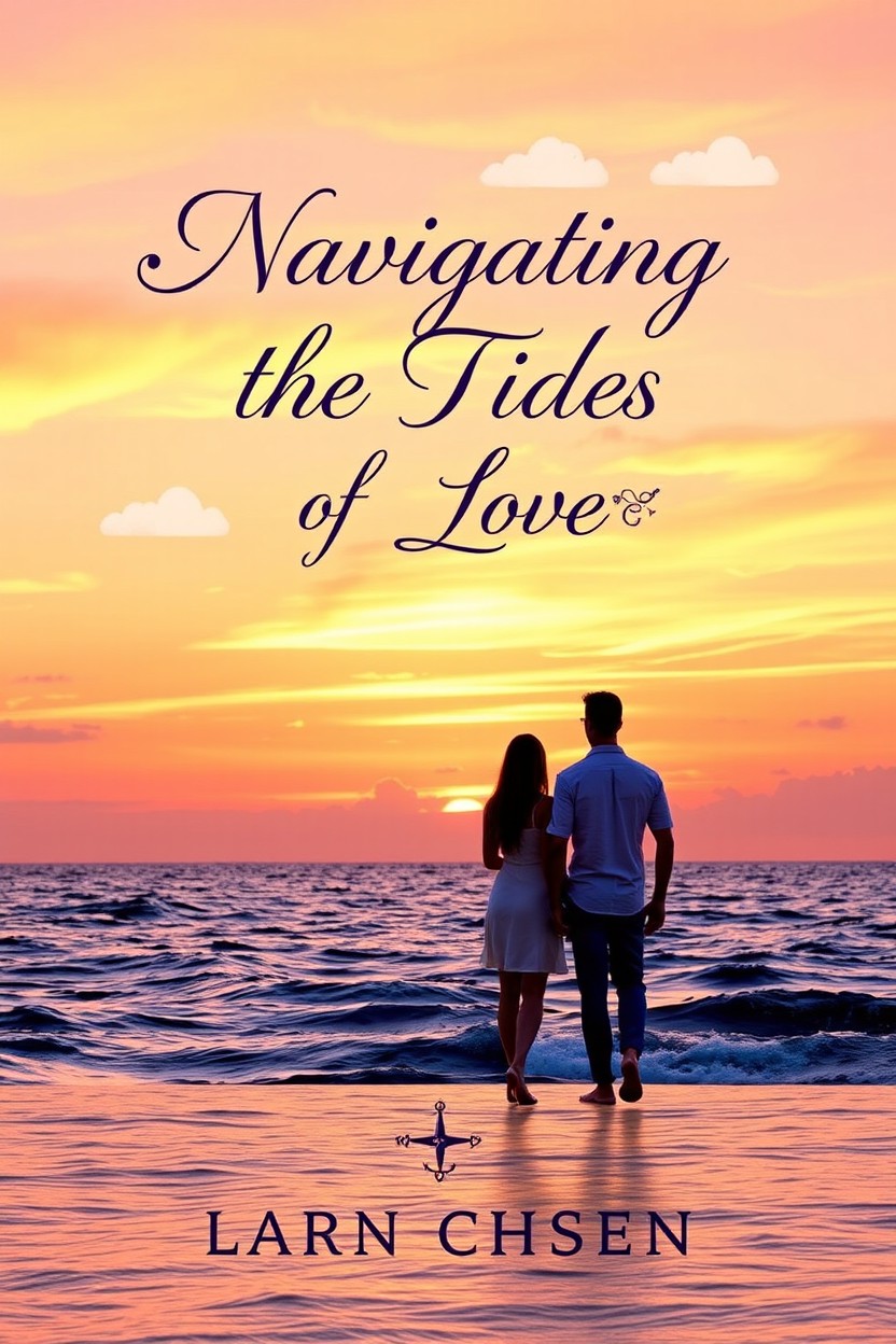 A visually appealing eBook cover design titled 'Navigating the Tides of Love', featuring a tranquil ocean scene with gentle waves under a beautiful sunset