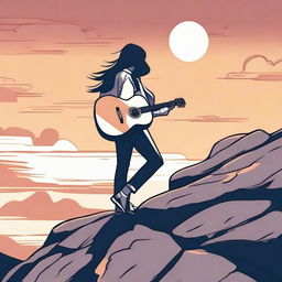 In a comic style, depict a side profile of a girl on a rocky cliff as the sun sets. A man, guitar on shoulder, views her from a distance.