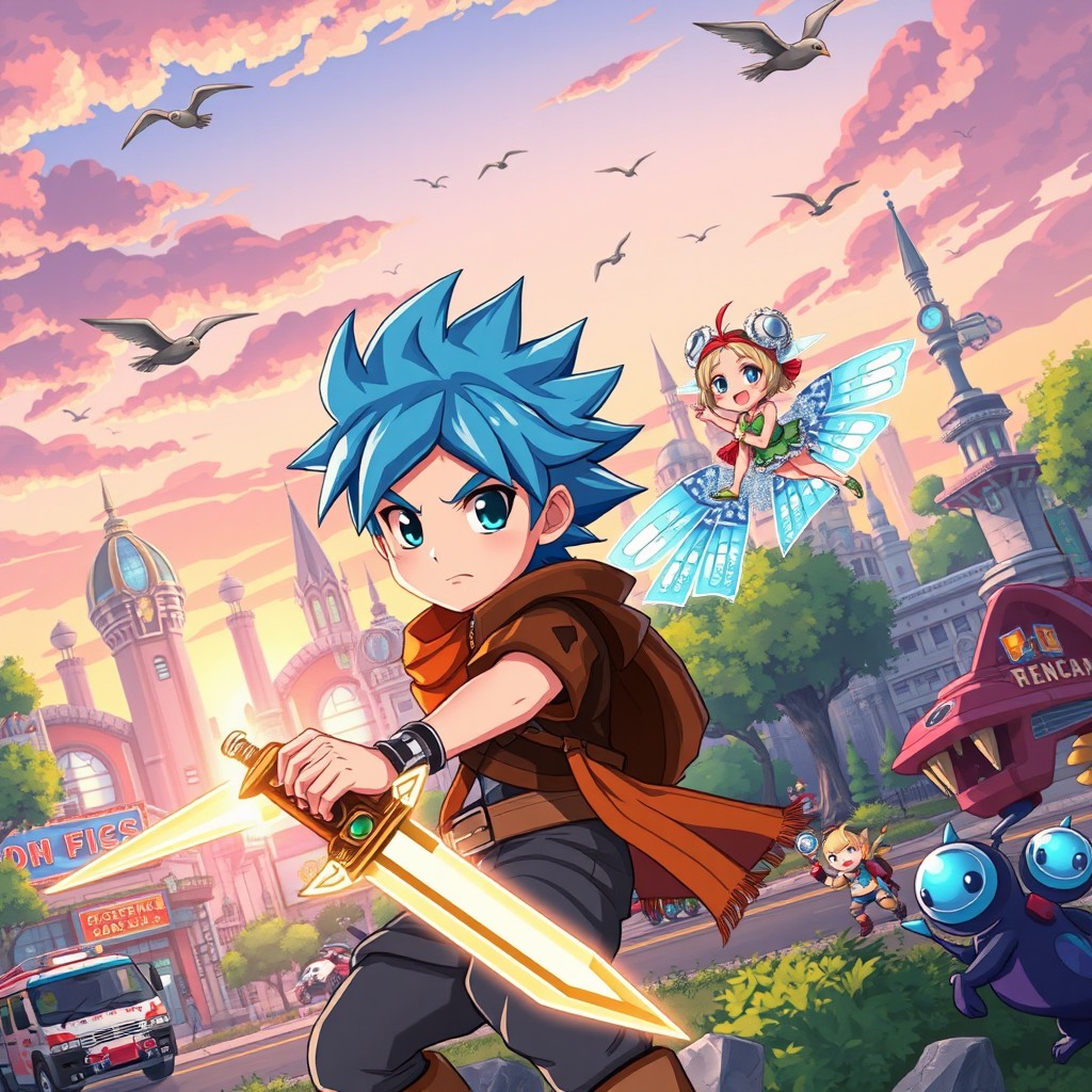 An imaginative anime cartoon scene featuring vibrant colors and dynamic character designs