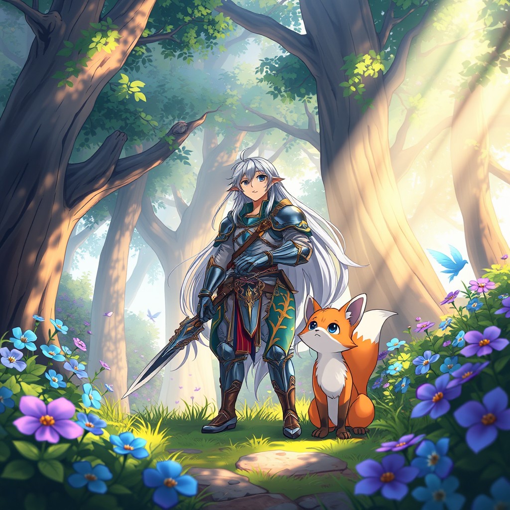 A captivating anime cartoon scene set in a magical forest, where sunlight filters through the lush canopy