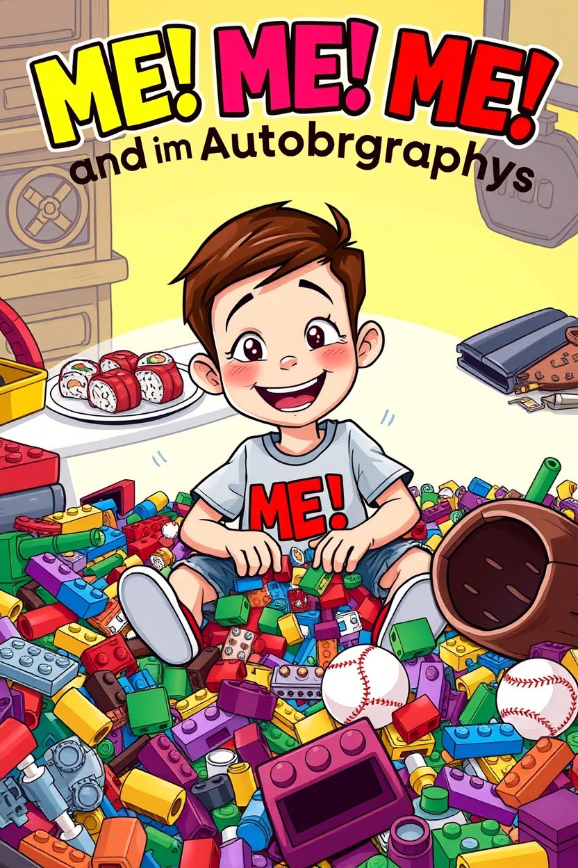 A colorful illustration for a children's book titled 'ME! ME! ME! and My Autobiography'
