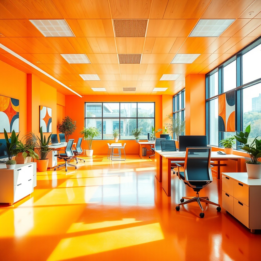 An office interior featuring an orange floor and an orange wooden ceiling
