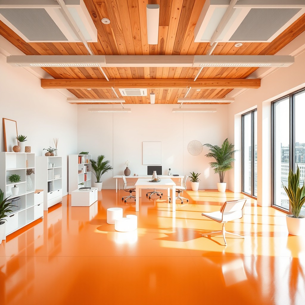 An office interior featuring an orange floor, a wooden ceiling, and white walls