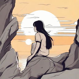 In a comic style, depict a side profile of a girl on a rocky cliff as the sun sets. A man, guitar on shoulder, views her from a distance.