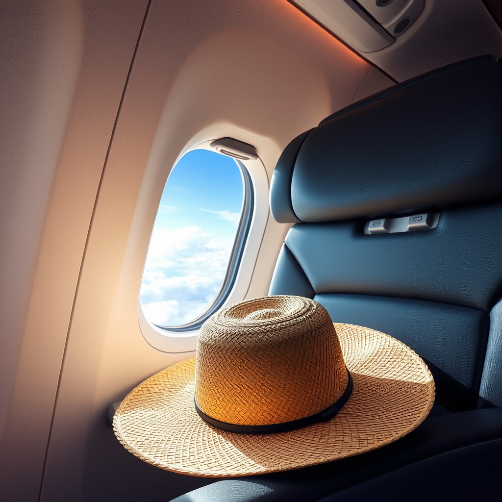 A straw hat placed on the seat of an airplane cabin, showcasing the soft textures of the straw and the intricate weaving