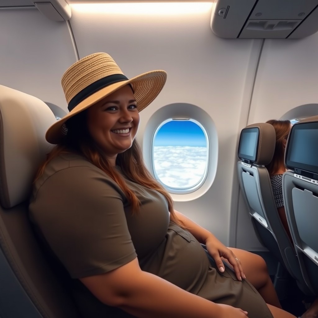 A thick woman wearing a straw hat while sitting comfortably in an airplane cabin