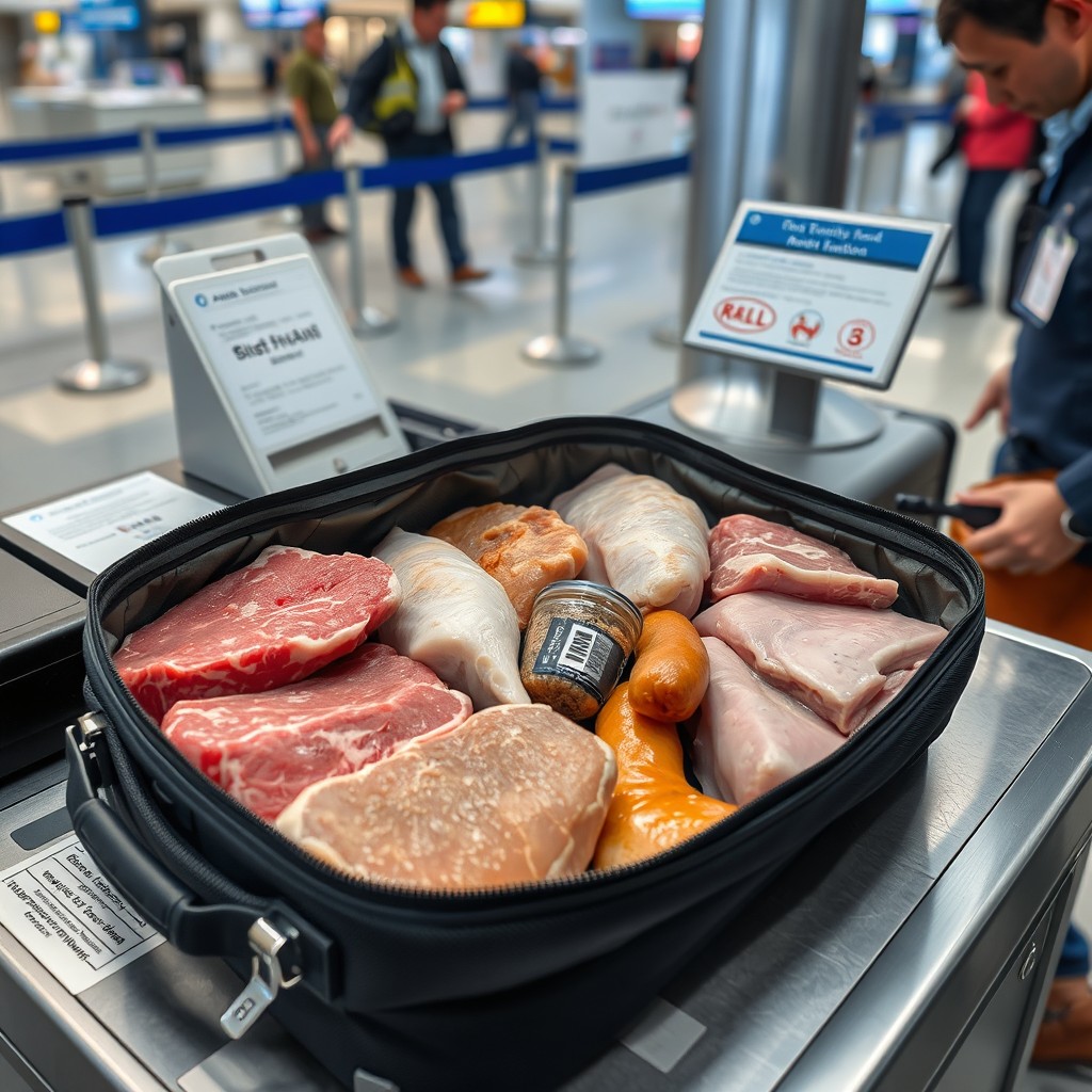 A display of various types of meat inside a travel bag, placed on a customs inspection table at an airport