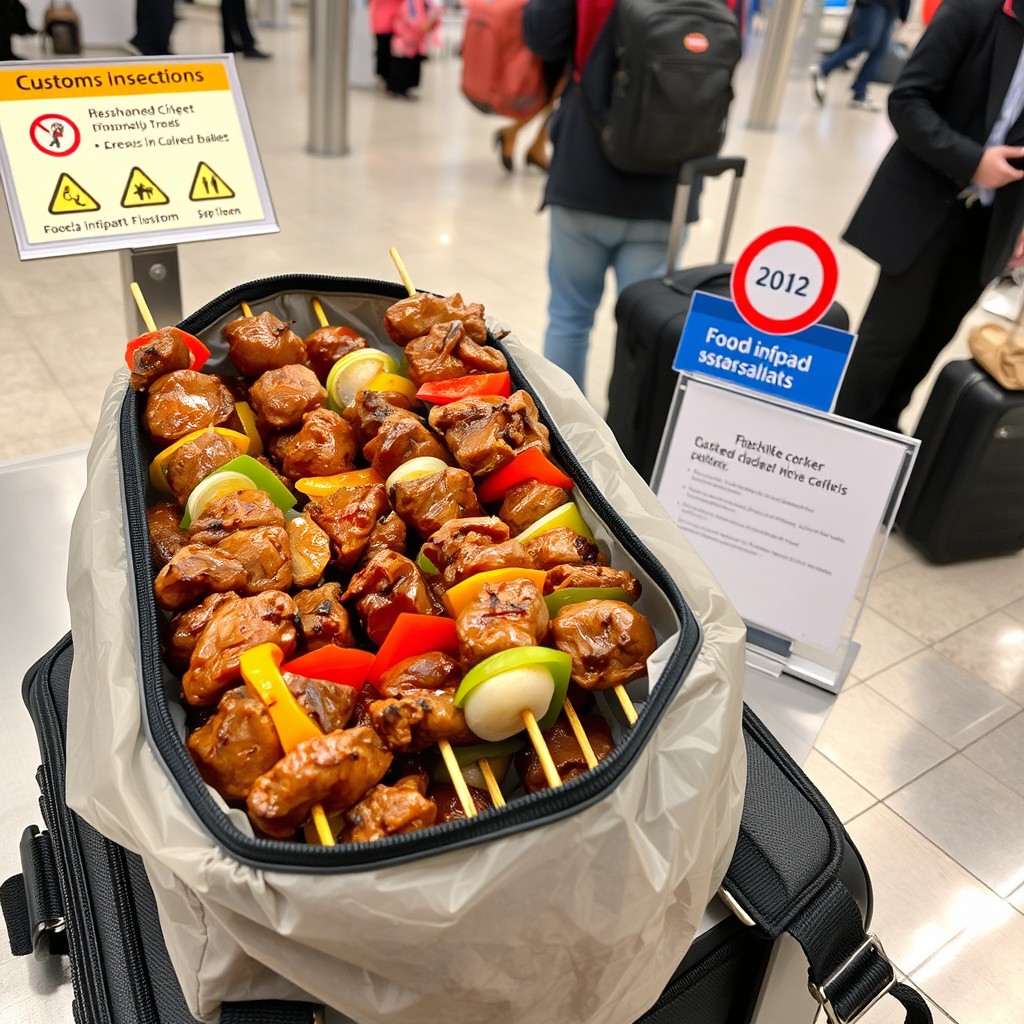 A display of skewered shashlik, a popular grilled meat dish, inside a travel bag on a customs inspection table at an airport