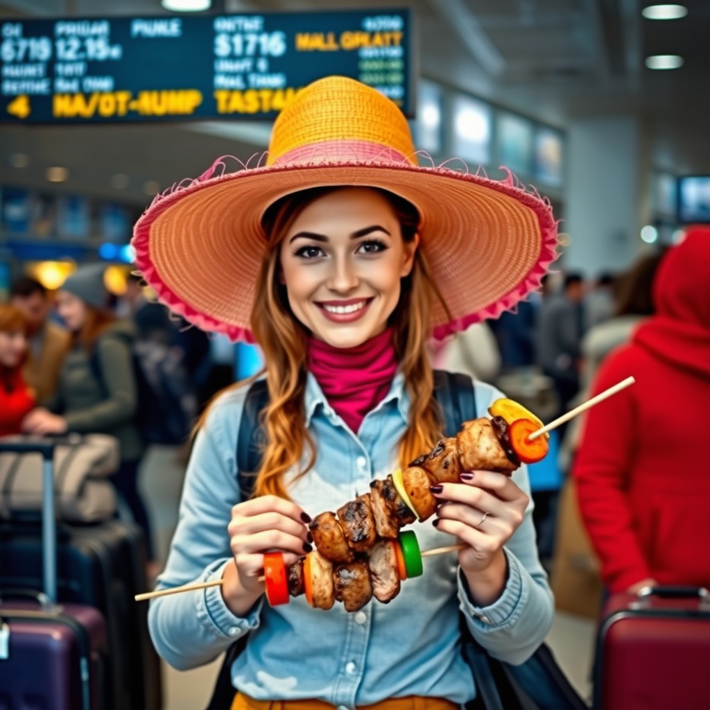A humorous scene featuring a woman wearing an oversized hat while holding a skewer of shashlik in an airport setting