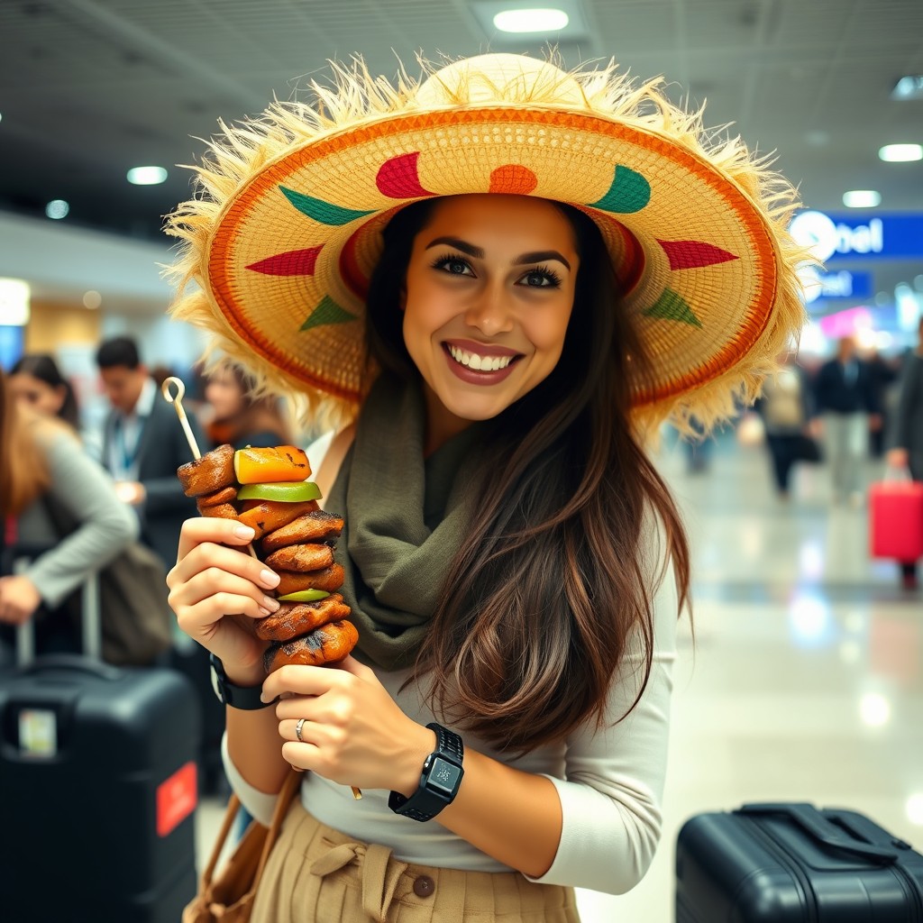 A whimsical scene featuring a woman wearing a giant hat while holding a skewer of shashlik, standing next to a travel bag at an airport