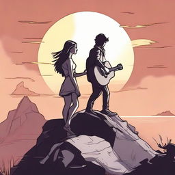 In a comic style, depict a side profile of a girl on a rocky cliff as the sun sets. A man, guitar on shoulder, views her from a distance.