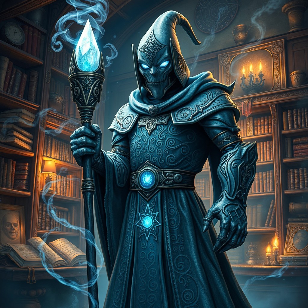 A warforged wizard standing confidently, adorned with intricate magical runes etched into its metallic skin