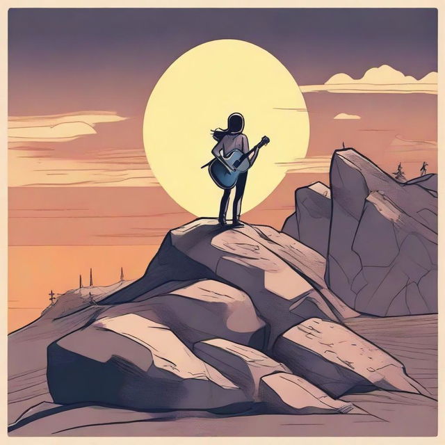 In a comic style, depict a side profile of a girl on a rocky cliff as the sun sets. A man, guitar on shoulder, views her from a distance.