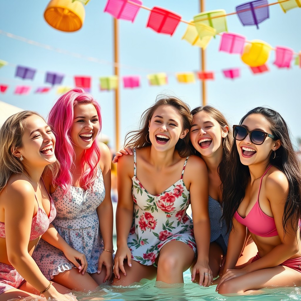 A humorous scene featuring a group of young women in a vibrant and lively setting