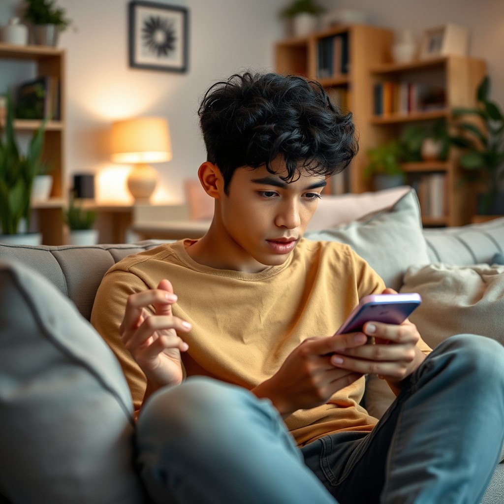 A young adult sitting comfortably on a cozy couch in a modern living room, intently focused on their smartphone