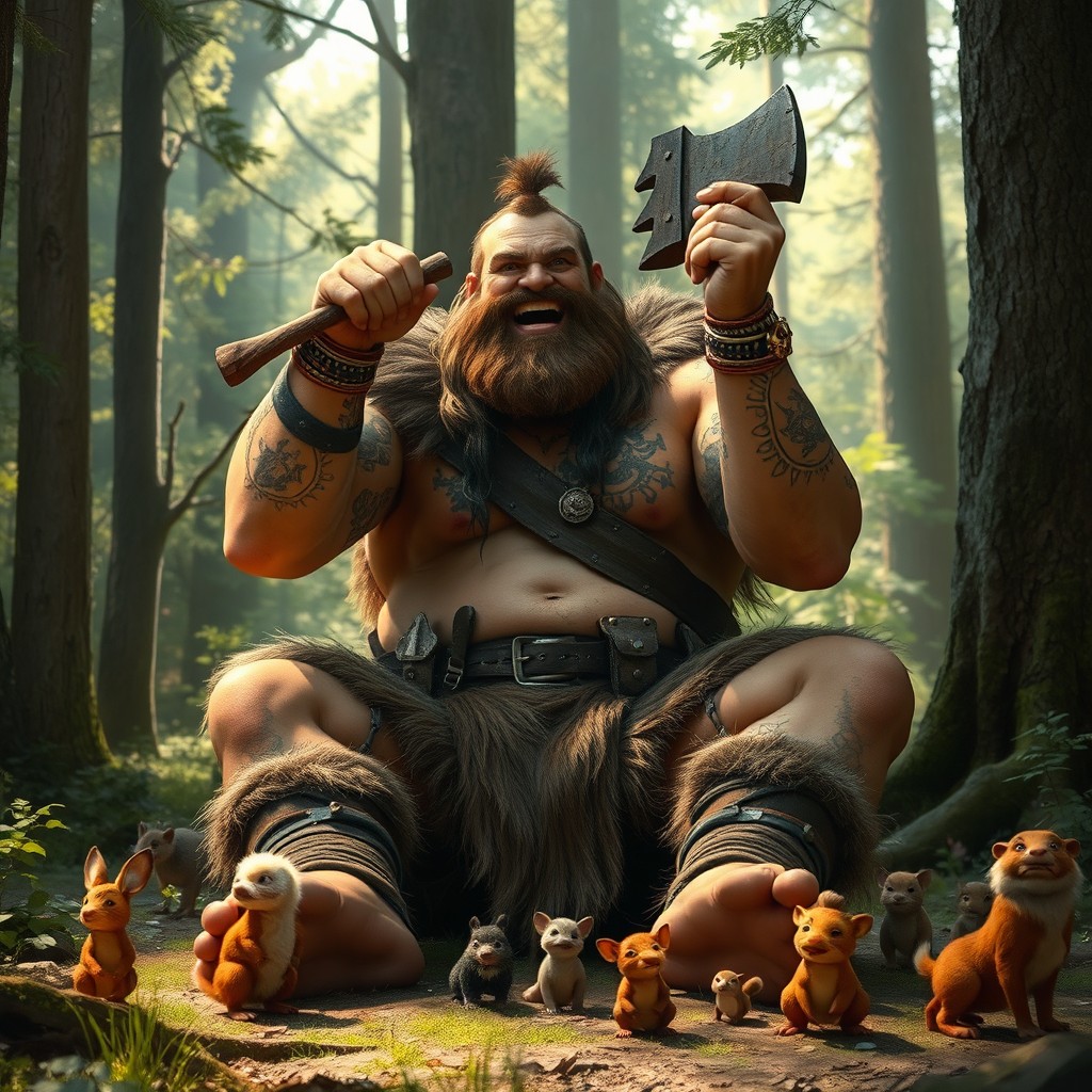 A Goliath barbarian, towering and muscular, adorned with tribal tattoos and wearing rugged animal pelts, is engaged in playful childlike antics