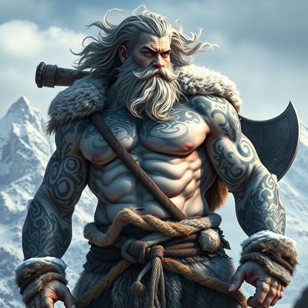 A Goliath barbarian, characterized by his towering figure and strong physique, has white skin covered in intricate tribal tattoos