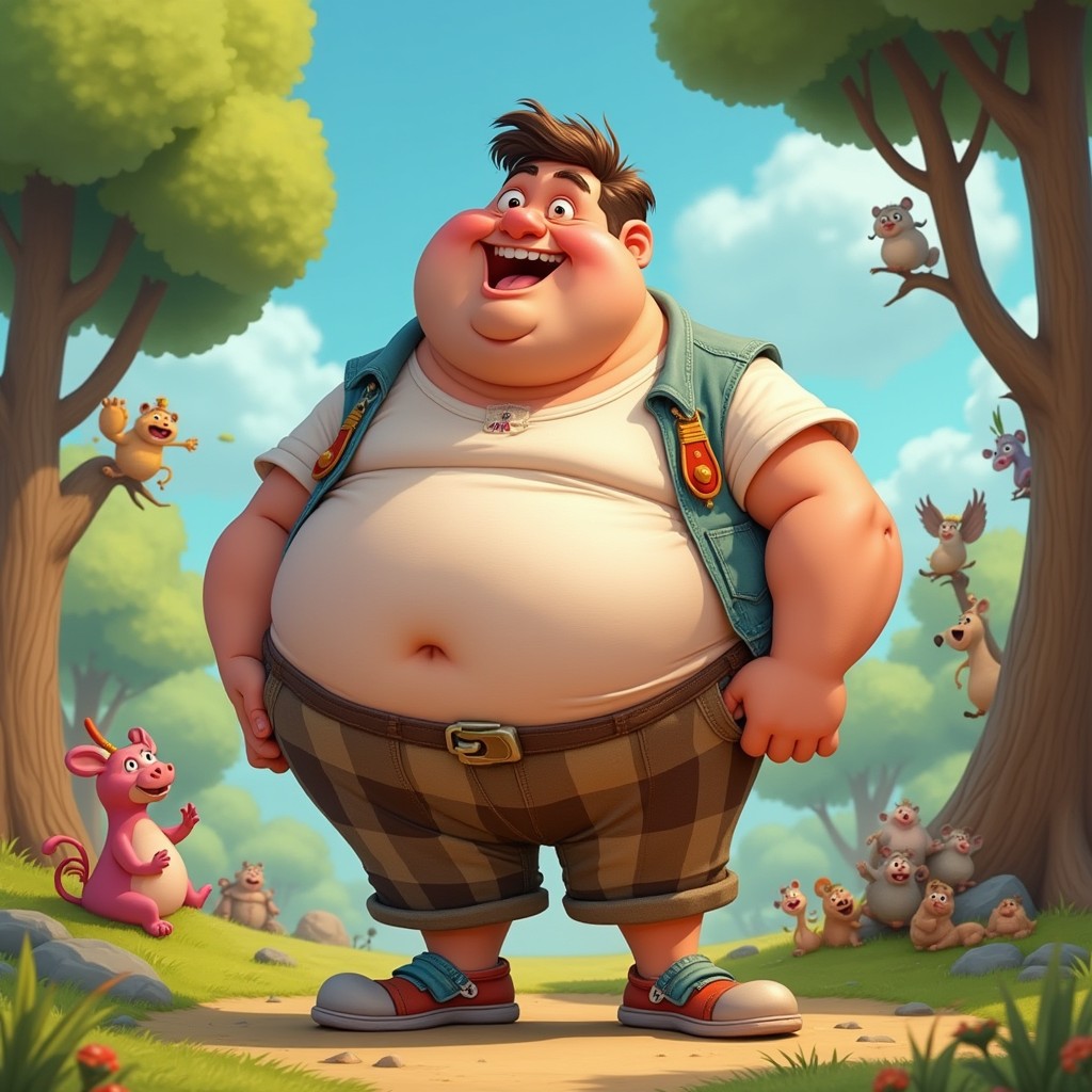 A male character depicted with a humorous and exaggerated physique, showcasing a rotund body and a playful expression