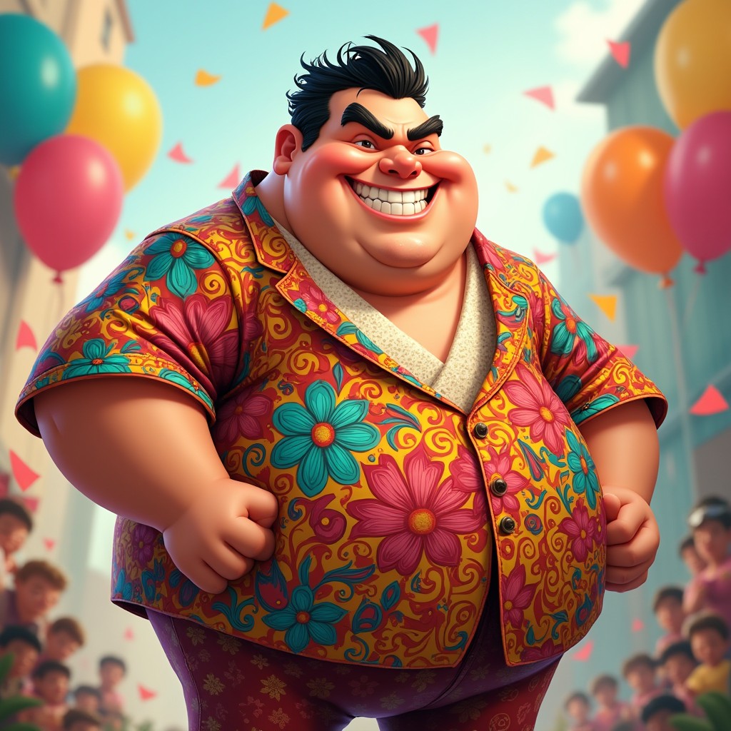A comically exaggerated male character with a rotund figure, wearing a vibrant and flamboyant terno (traditional Filipino formal attire) that features bold and mismatch patterns