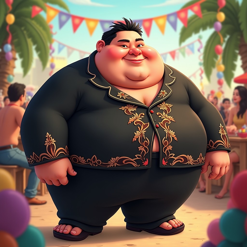 A humorous and stylized depiction of a rotund male character wearing a striking black terno (traditional Filipino formal attire)