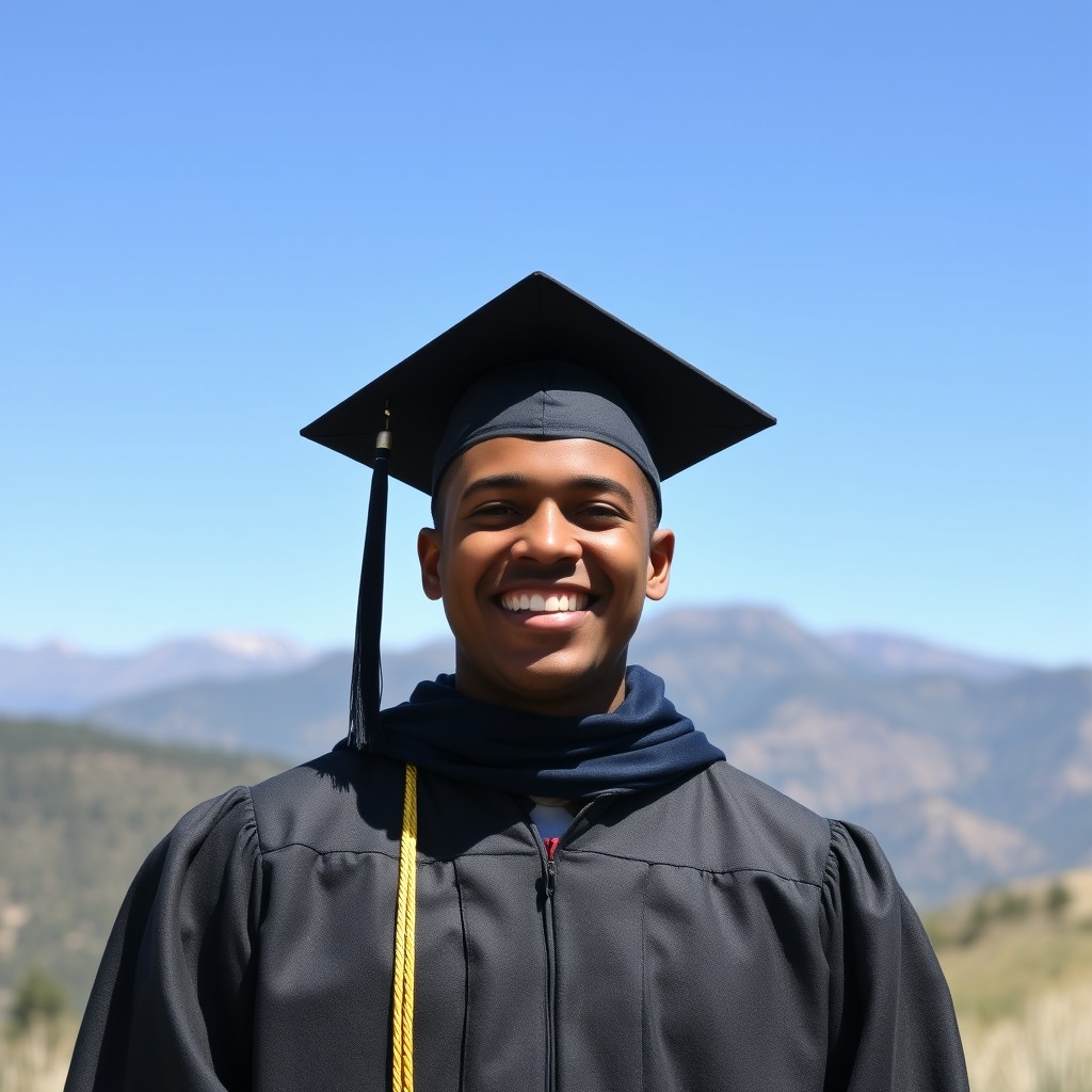 A joyful graduate wearing a graduation gown and cap, smiling brightly