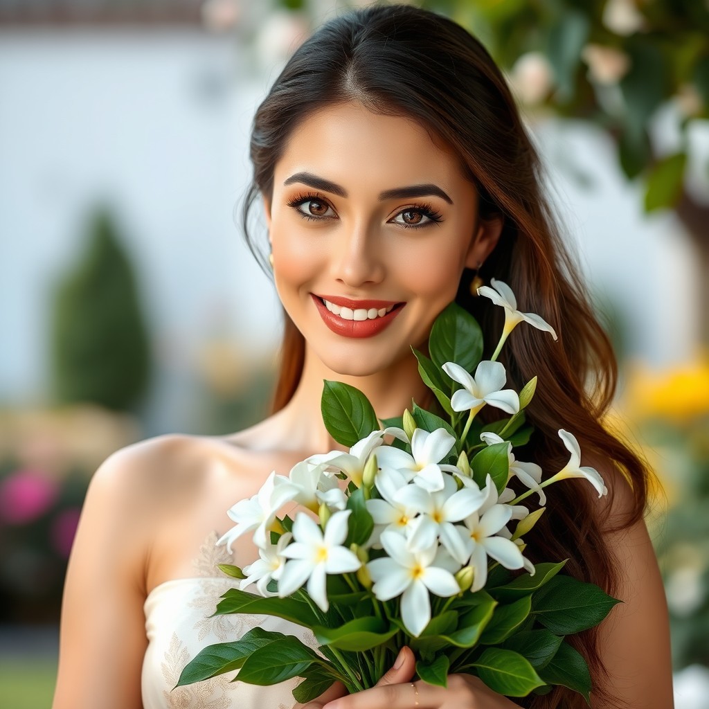 A beautiful woman with distinctive features, holding a bouquet of jasmine flowers