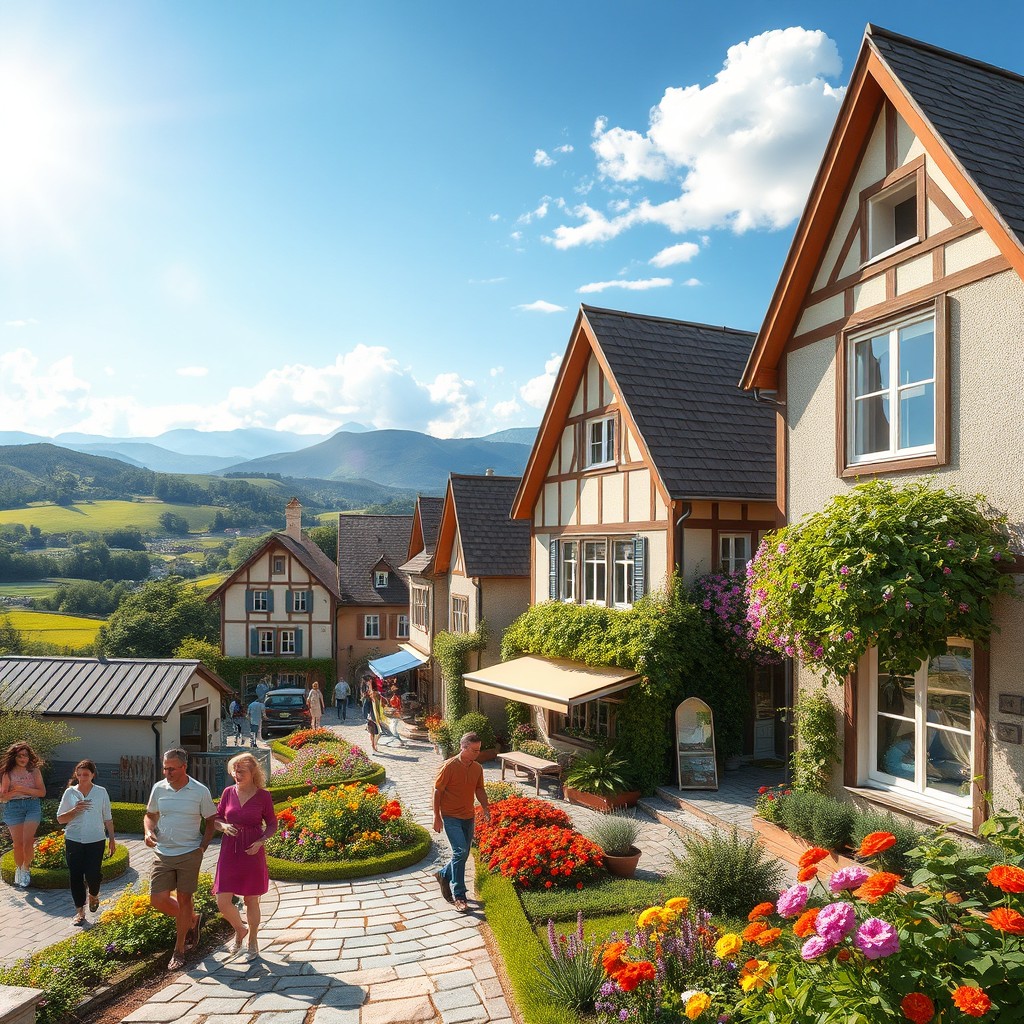 A beautiful village with charming architecture, featuring quaint buildings and vibrant greenery