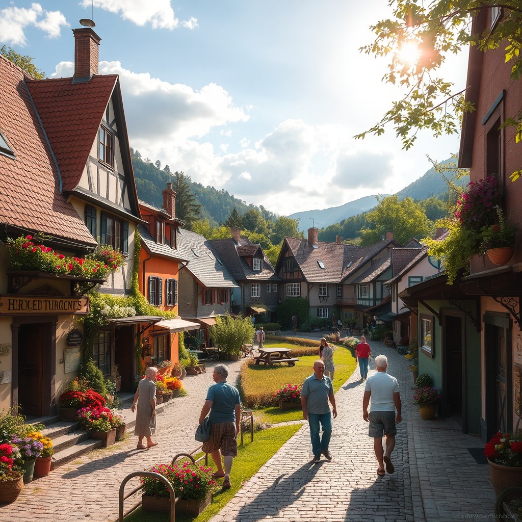 A beautiful village with charming buildings, where people are living their daily lives