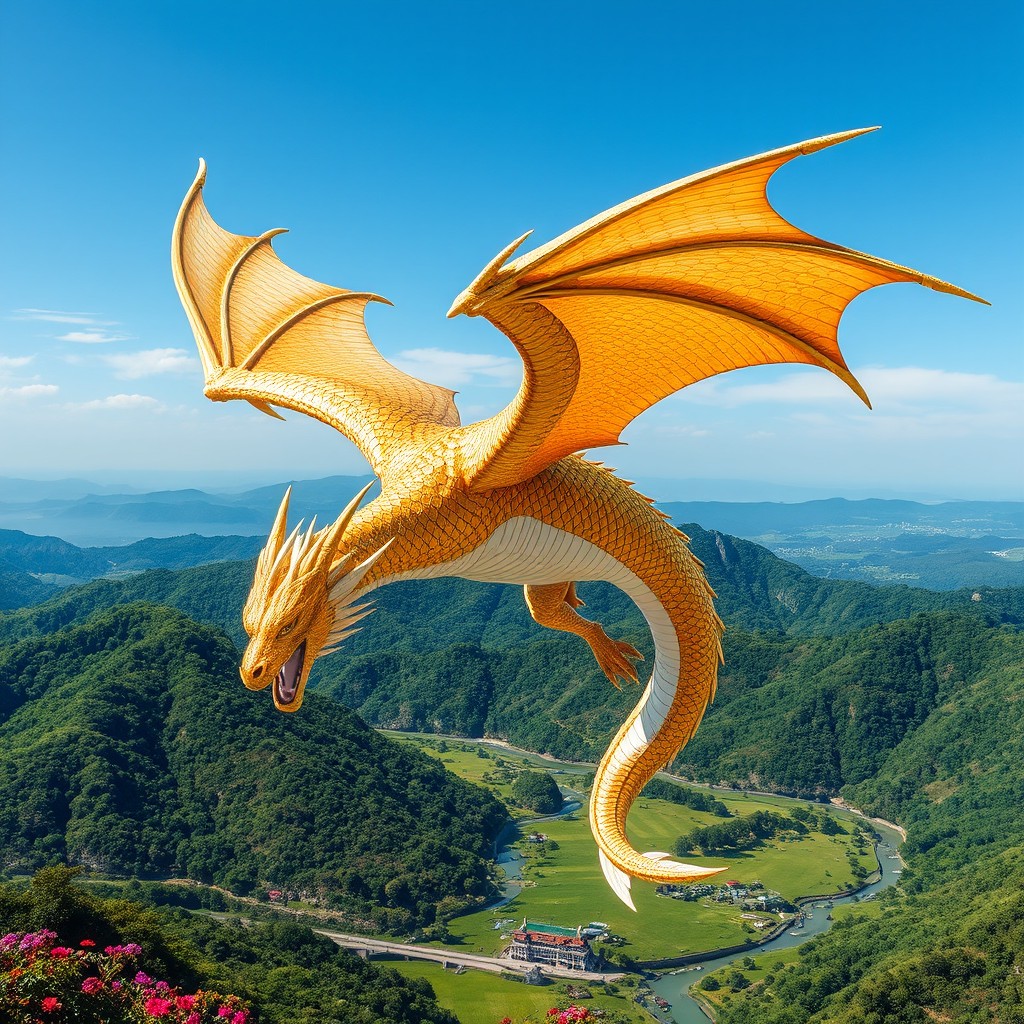 Majestic Dragon Soars Through a Vibrant Landscape – Stunning AI Art