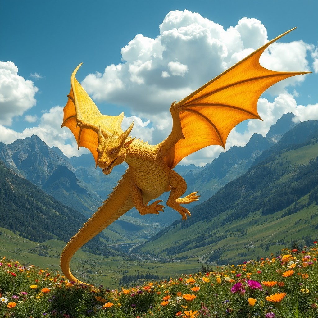 A majestic gold dragon soaring through the sky, its scales shimmering in the sunlight