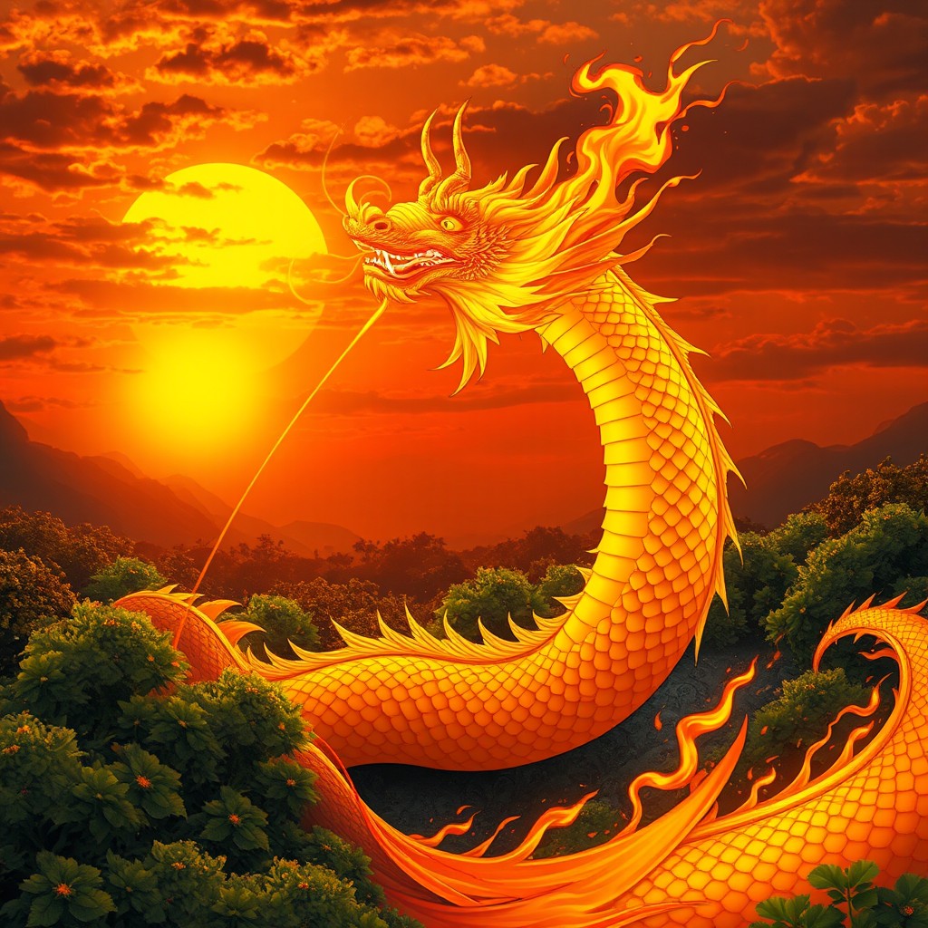A golden naga (dragon) breathing fire, its majestic body coiled and shimmering with golden scales under a dramatic sunset sky