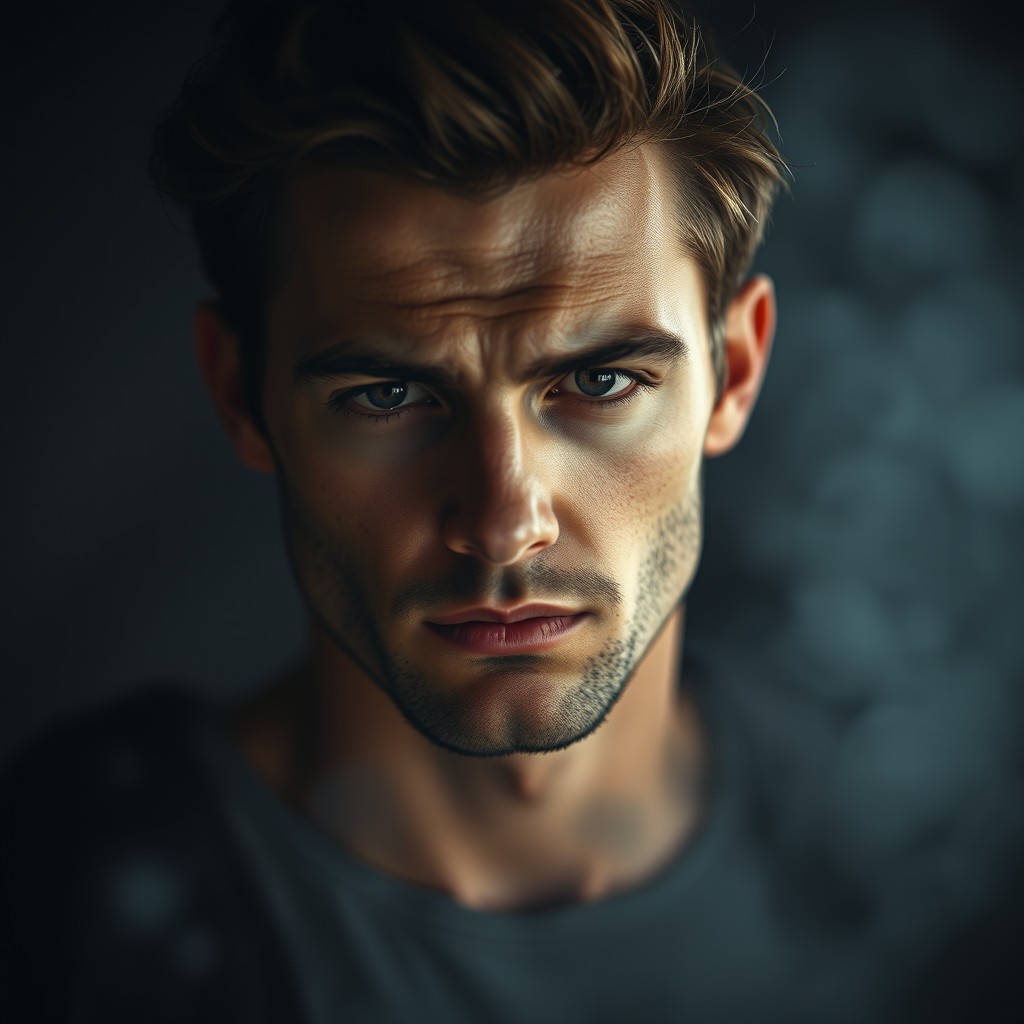 A handsome male protagonist with striking and prominent sad features, showcasing an expressive and contemplative demeanor