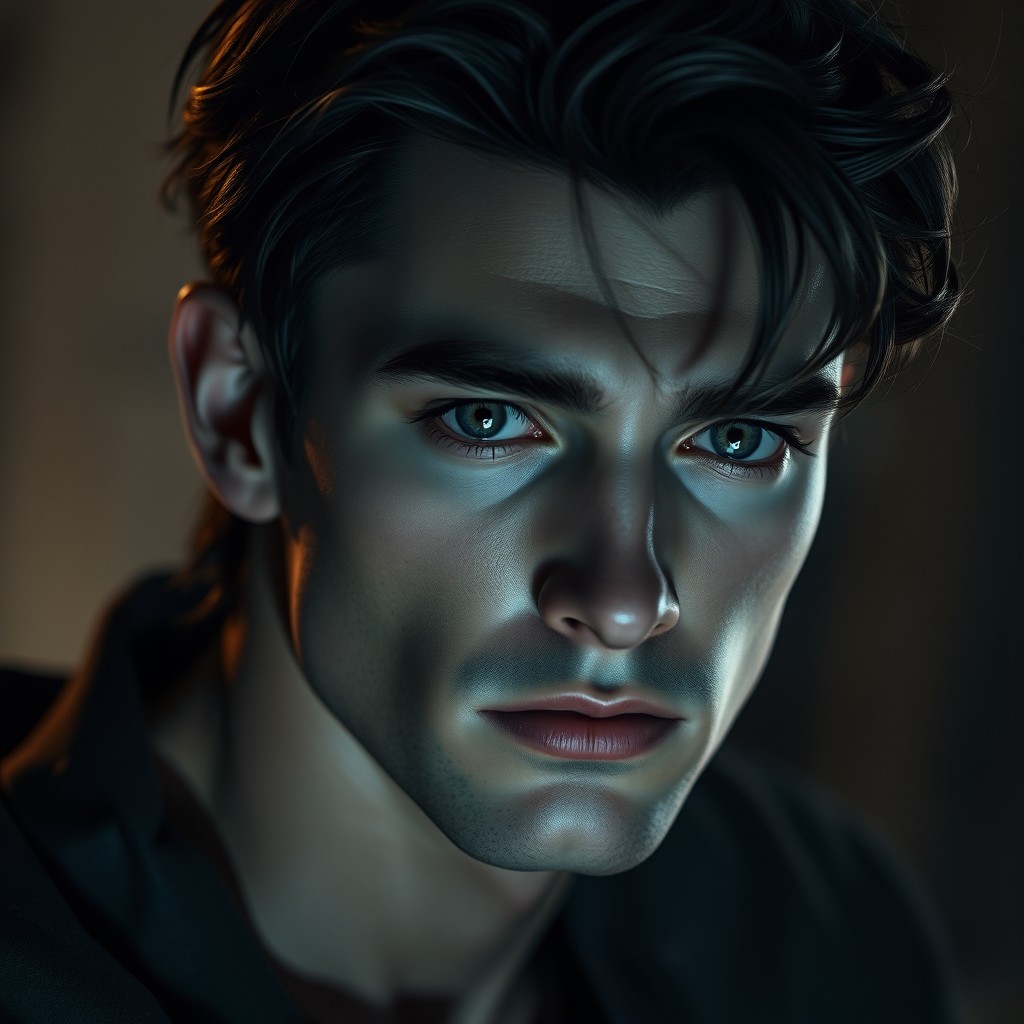 A very handsome male protagonist with prominent, distinctive sad features