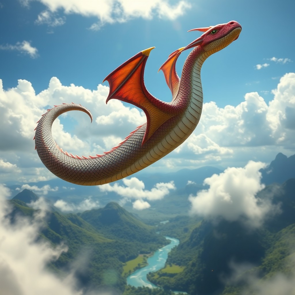 A mythical naga flying gracefully in the sky, with intricately detailed scales that shimmer in the sunlight