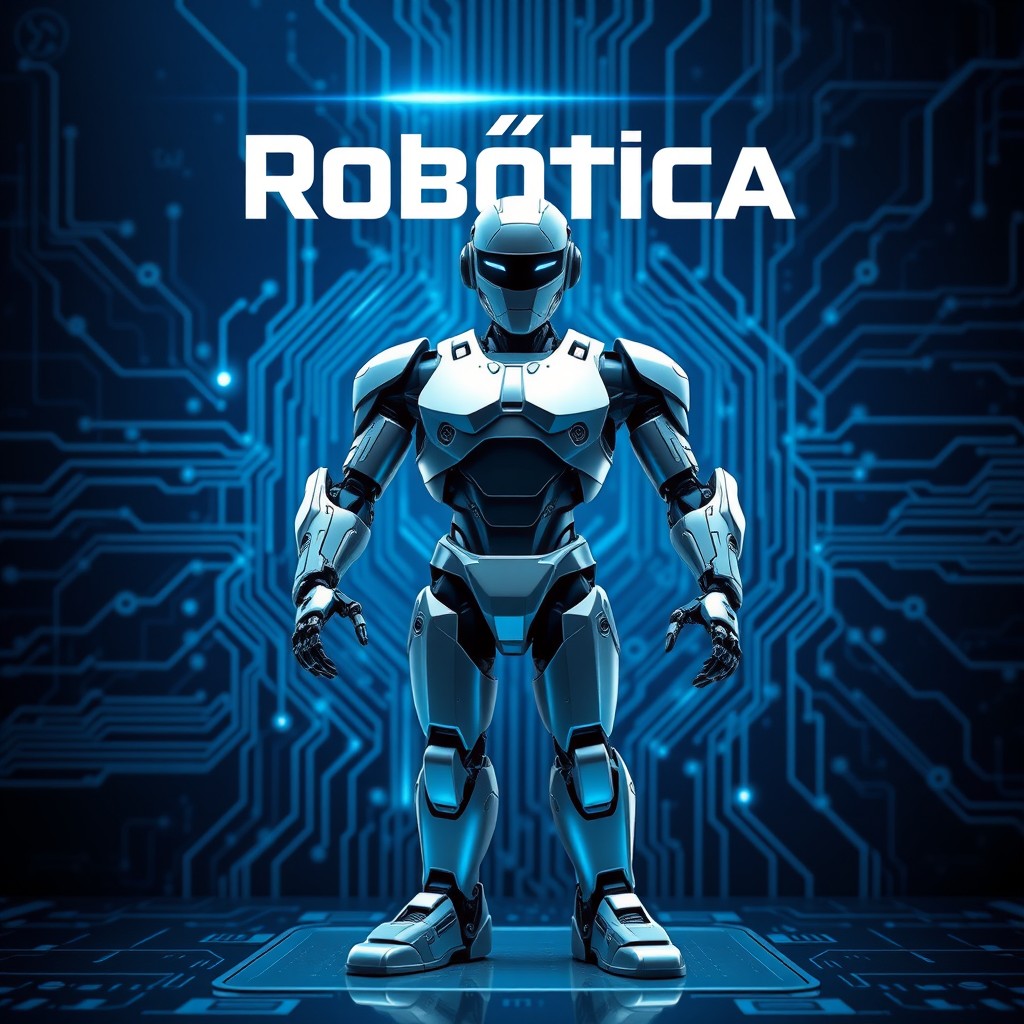 A striking book cover designed for the topic of robotics, featuring a sleek and advanced robot standing in a powerful pose