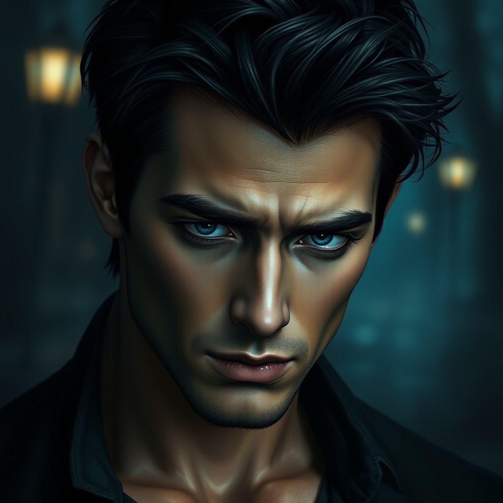 A handsome male protagonist with striking and prominent sorrowful features, showcasing a deep and introspective expression