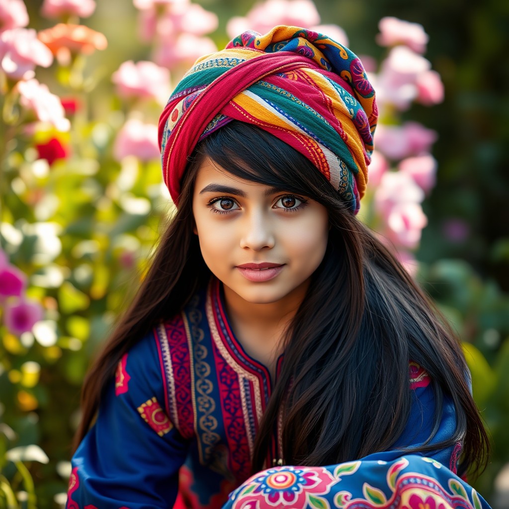 A beautiful young Turkish girl wearing a traditional colorful turban, sitting gracefully in a lush garden