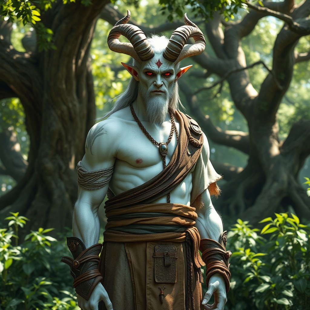 A tall male tiefling druid standing confidently, with white skin, striking red eyes, and curved horns that sweep back from his forehead
