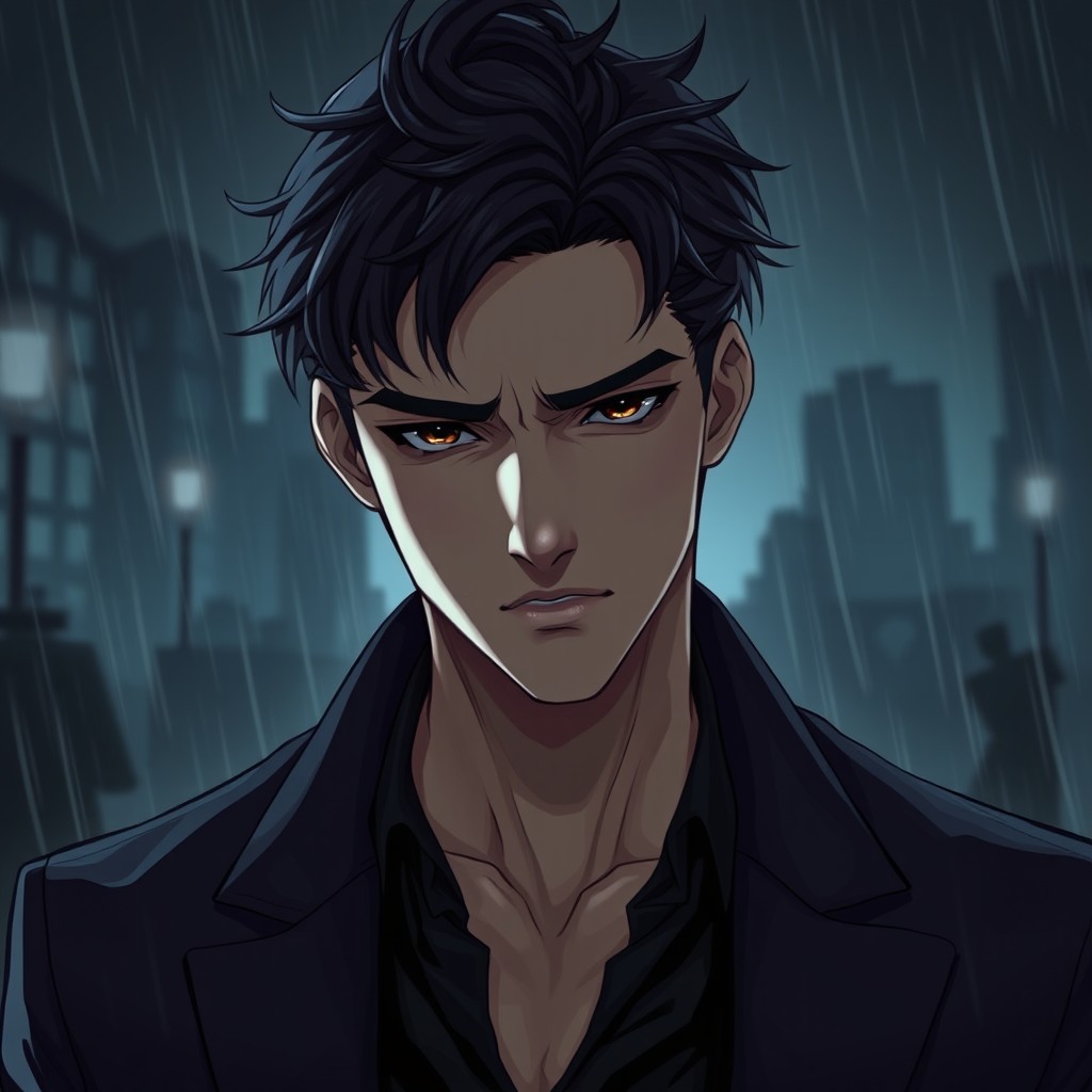 A handsome male protagonist with prominent, distinct sad features