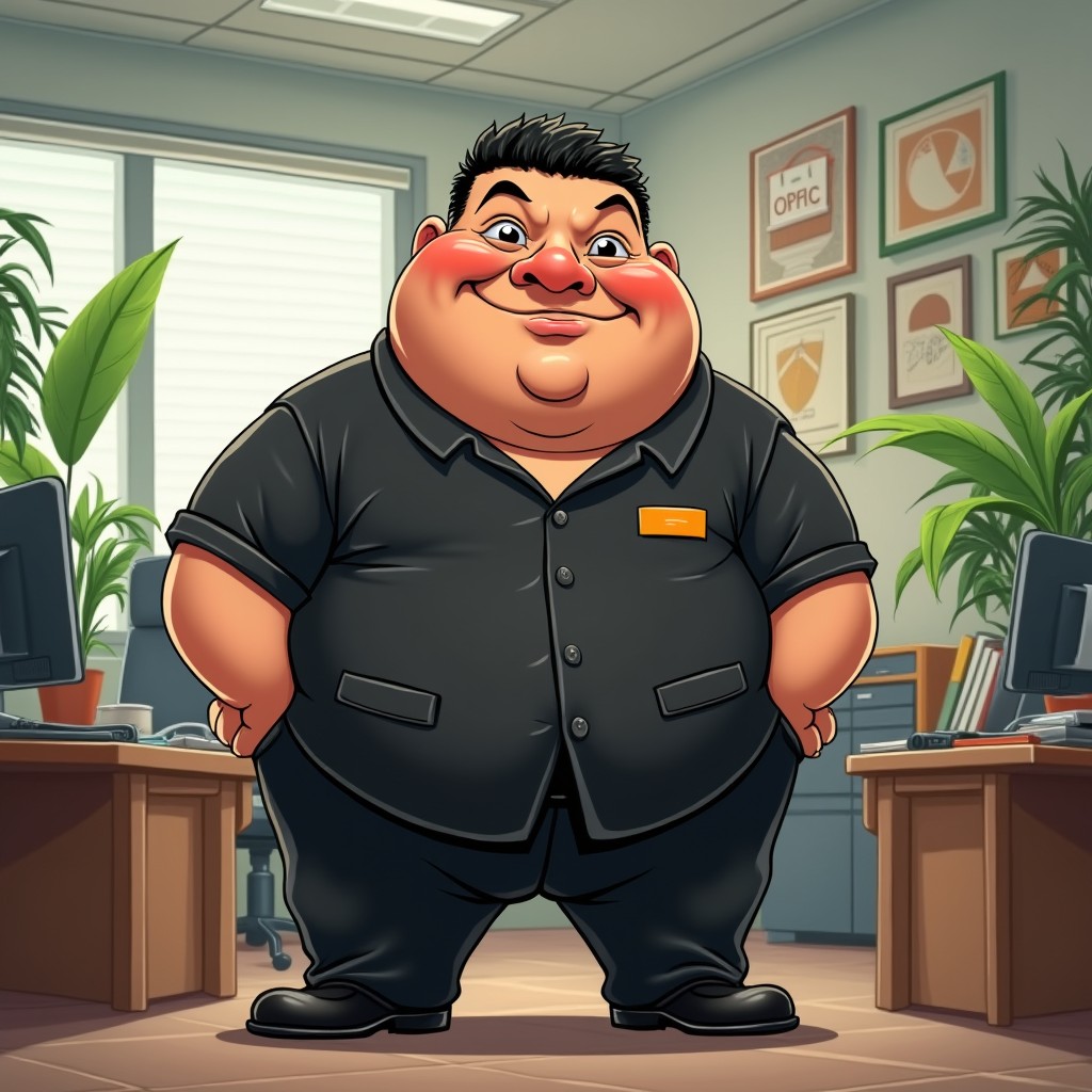 A humorous depiction of a rotund male character in an office setting, wearing a striking black terno (traditional Filipino formal attire)