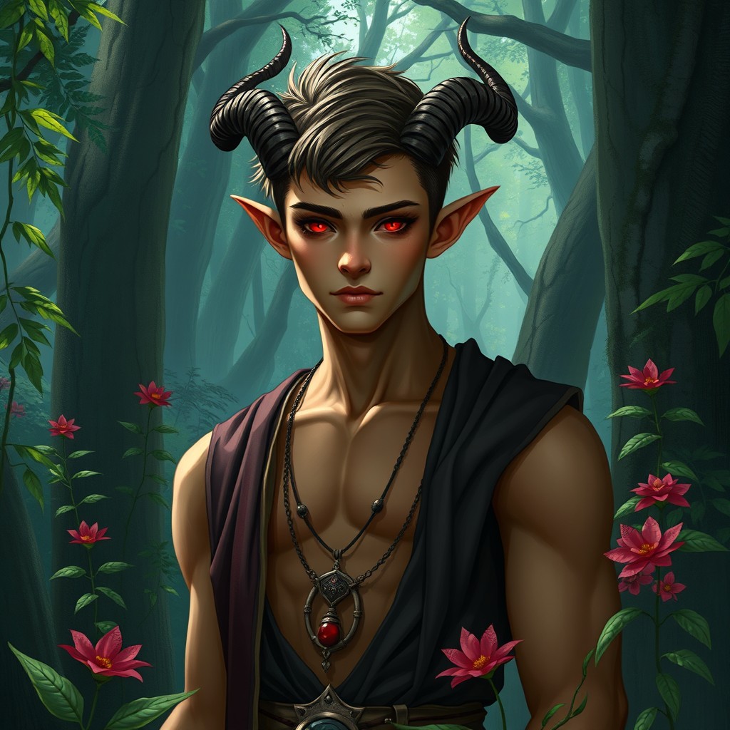 A tall, handsome male tiefling druid standing at 1